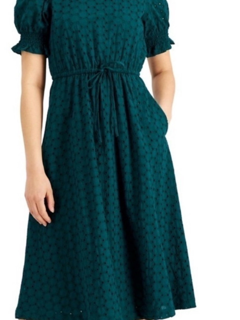 Alfani Teal Midi Eyelet Dress with Tie Waist